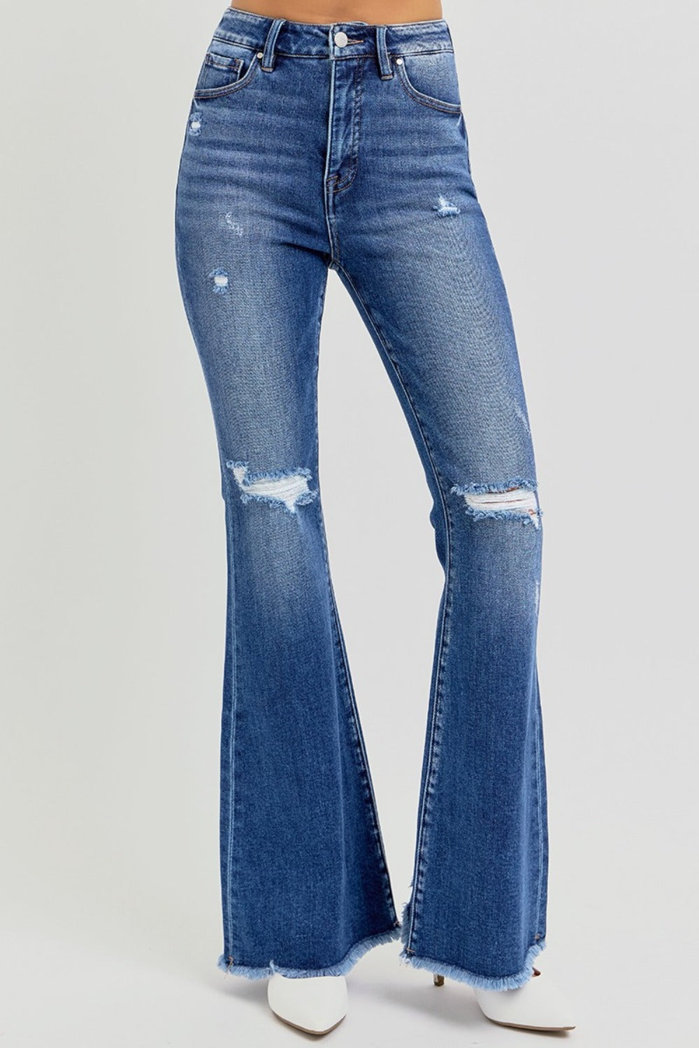 RISEN Full Size High Rise Distressed Raw Hem Flare Jeans - Jsopretty.com