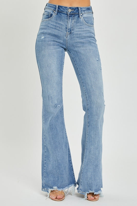 Risen Full Size High Rise Frayed Hem Flare Jeans - Jsopretty.com