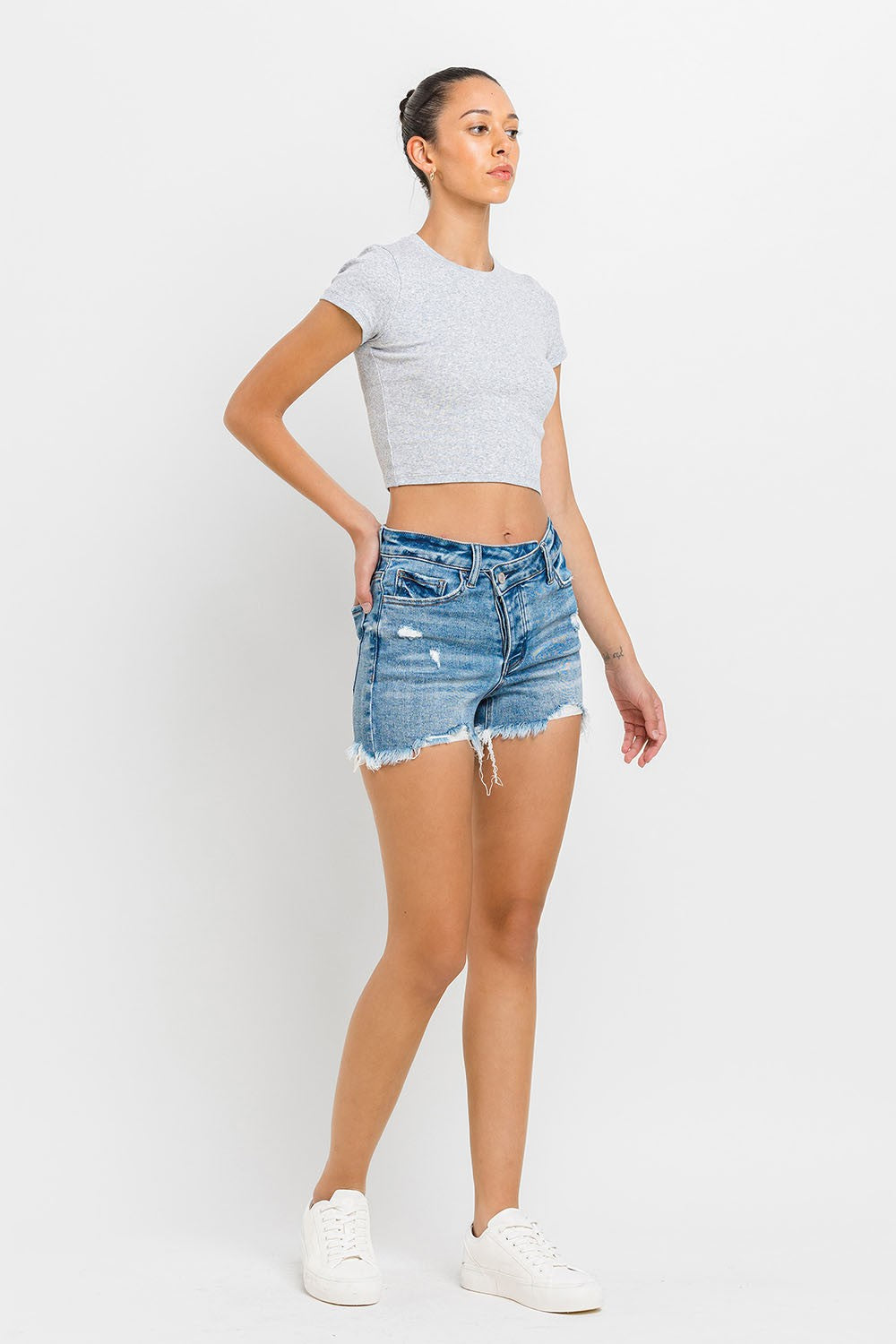 Lovervet Stepped Waist Raw Hem Denim Shorts - Jsopretty.com