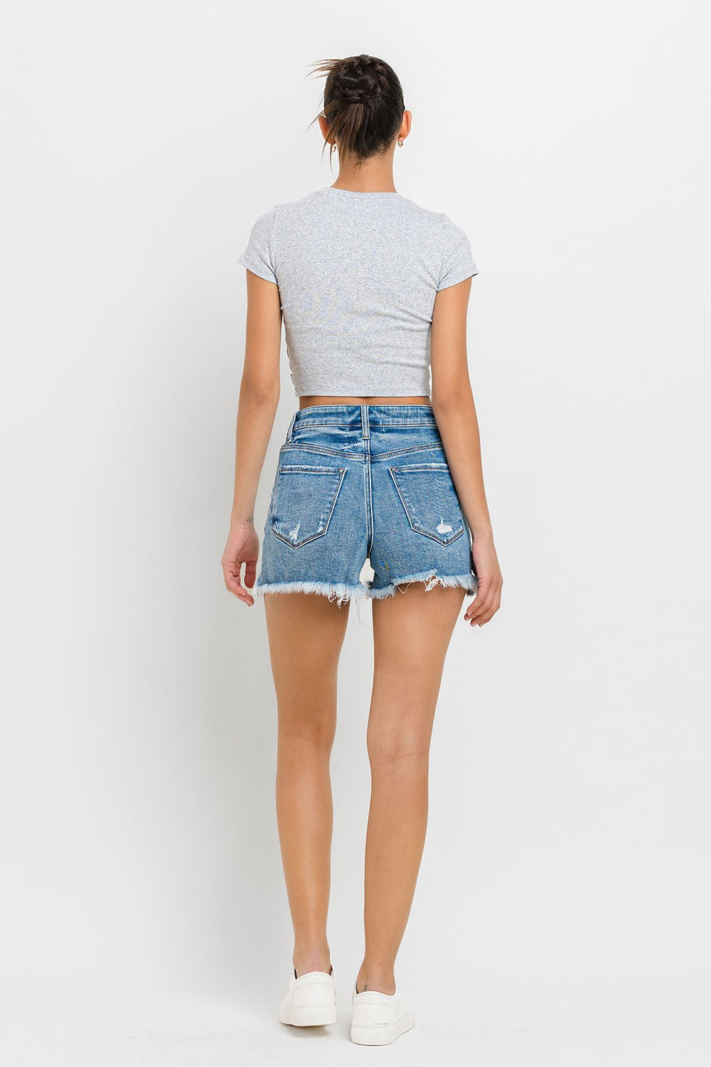 Lovervet Stepped Waist Raw Hem Denim Shorts - Jsopretty.com