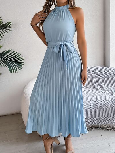 Grecian Neck Tie Waist Pleated Dress - Jsopretty.com