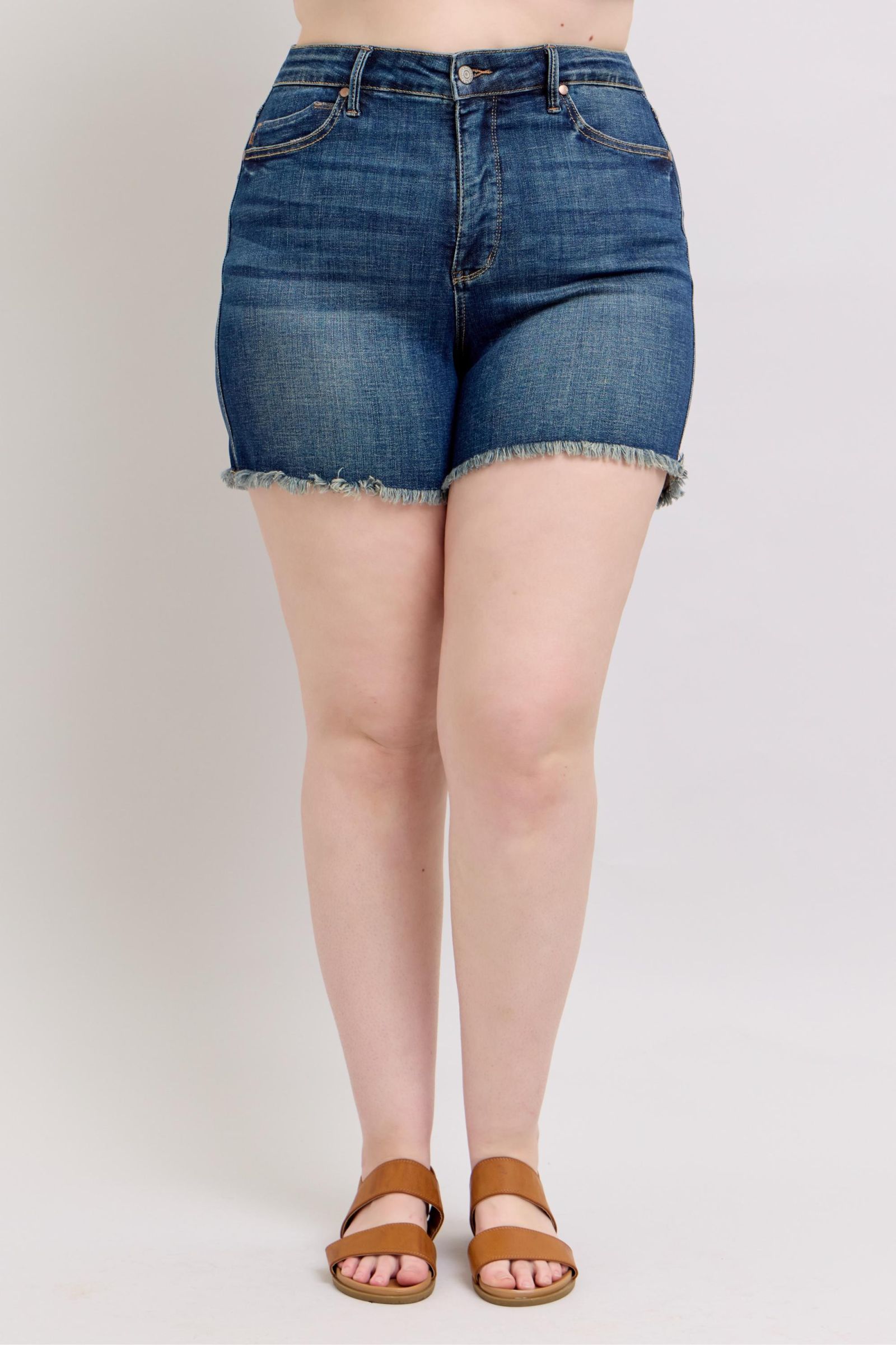 Judy Blue Tummy Control Fray Hem & Shield Back Pockets Denim Shorts - Jsopretty.com