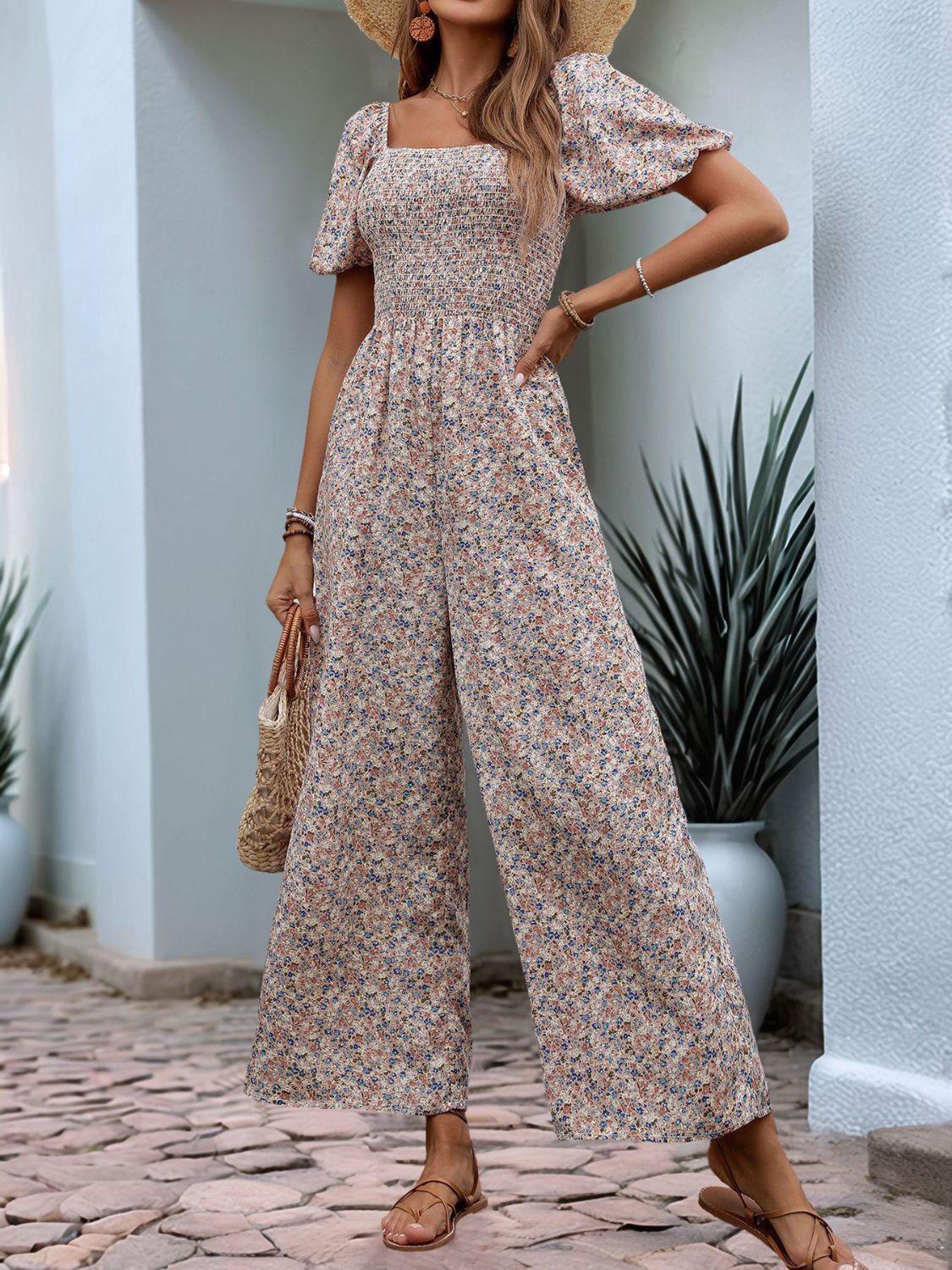 Perfee Ditsy Floral Smocked Square Neck Puff Sleeve Jumpsuit - Jsopretty.com