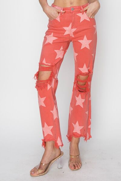 RISEN Full Size Distressed Raw Hem Star Pattern Jeans - Jsopretty.com