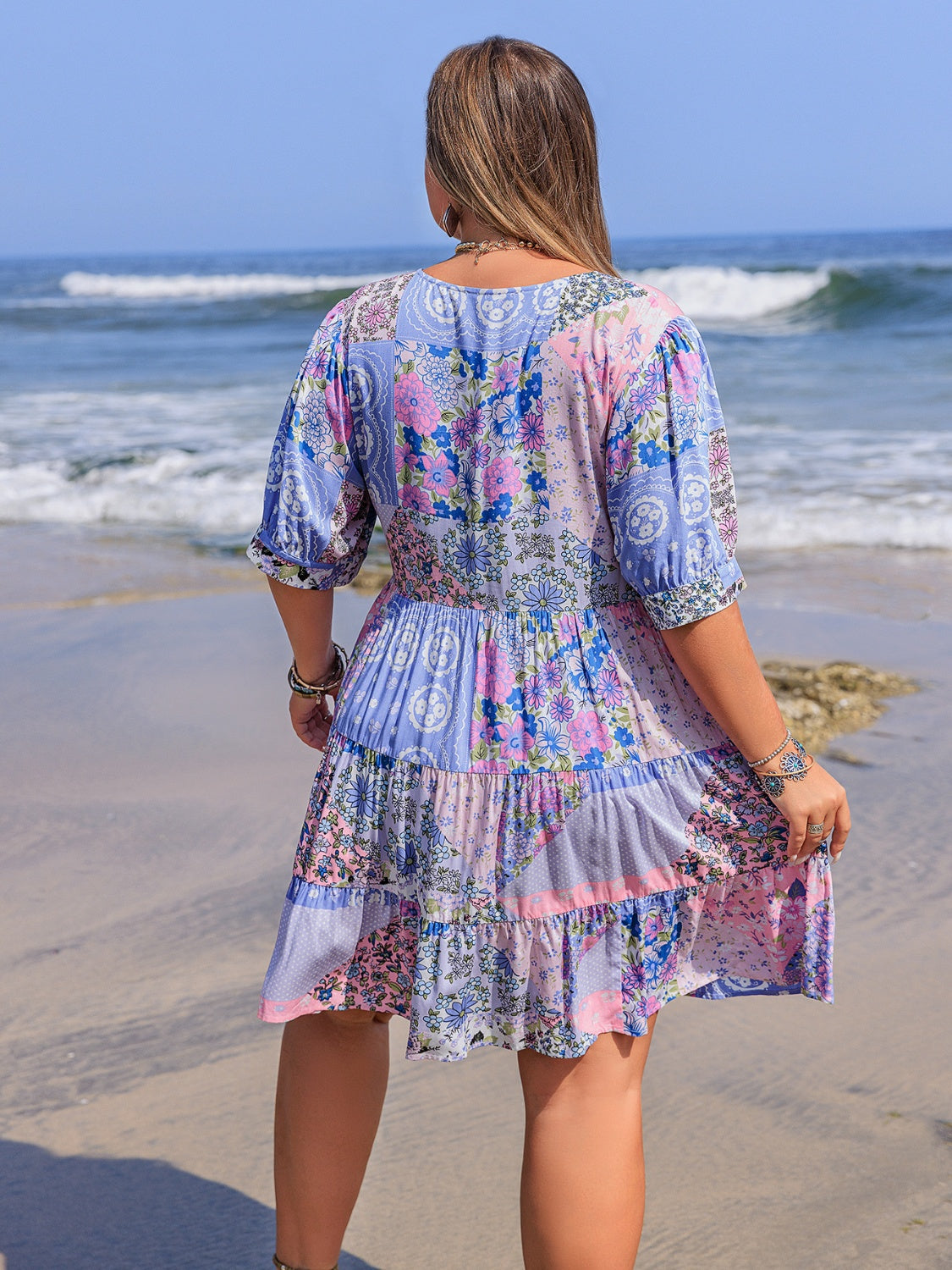 Plus Size Printed V-Neck Tiered Mini Dress - Jsopretty.com