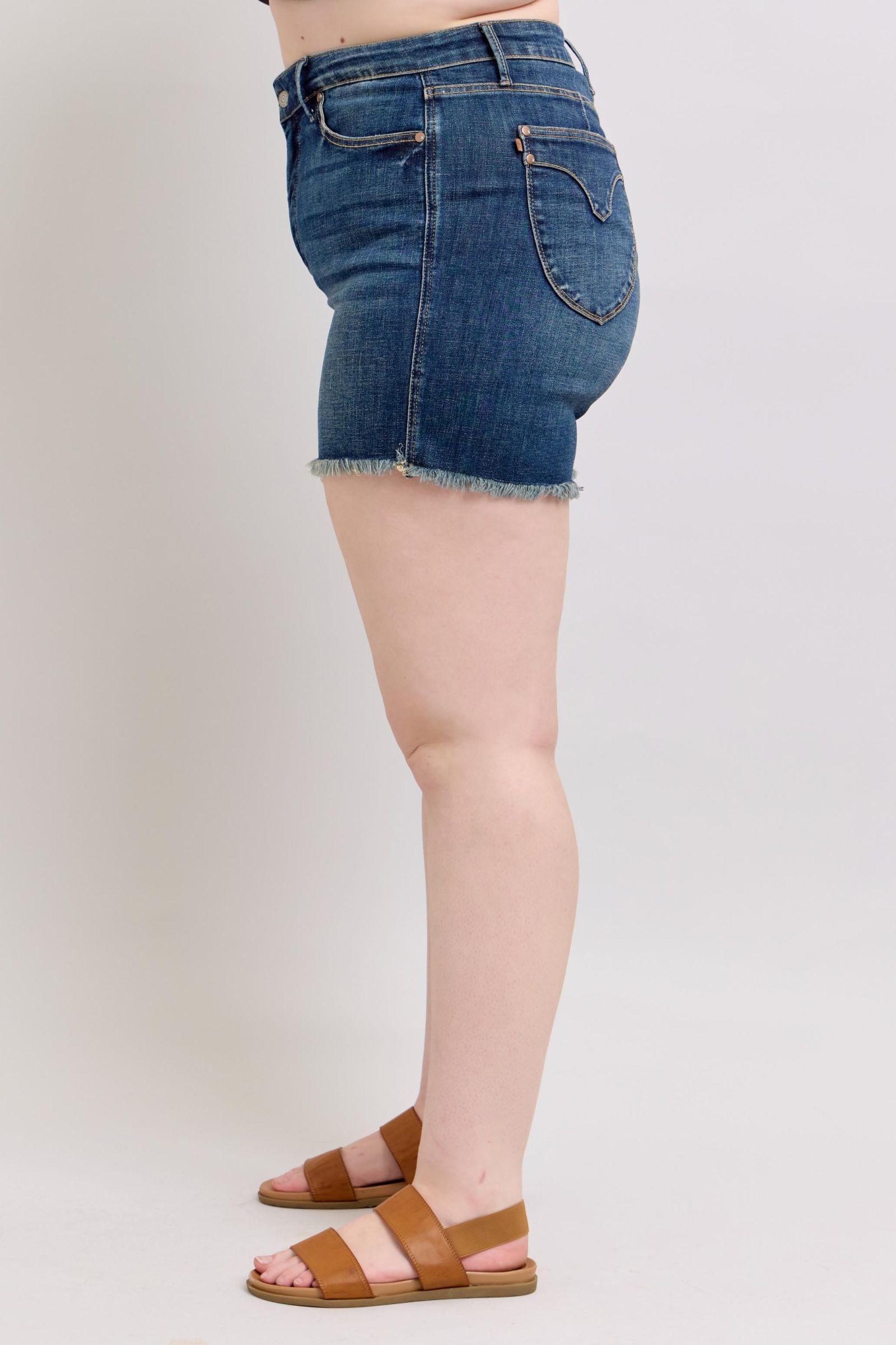 Judy Blue Tummy Control Fray Hem & Shield Back Pockets Denim Shorts - Jsopretty.com