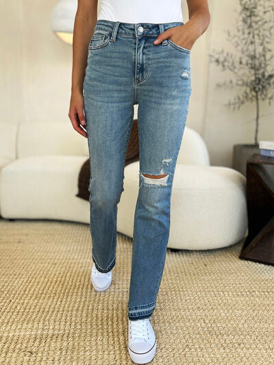 Judy Blue Full Size Mid Rise Destroyed Hem Distressed Jeans - Jsopretty.com