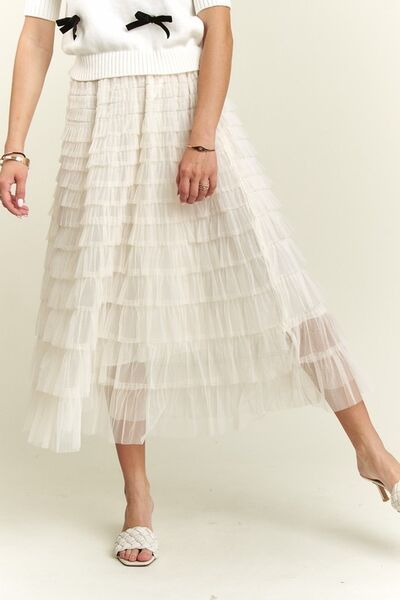 ADORA Elastic Waist Layered Mesh Midi Skirt - Jsopretty.com