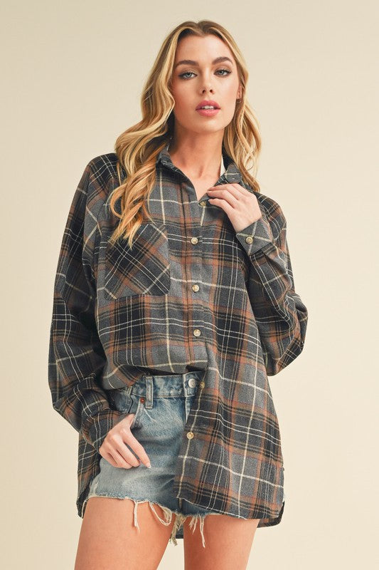 Aemi + Co Flannel Plaid Button Up Raglan Sleeve Shirt - Jsopretty.com