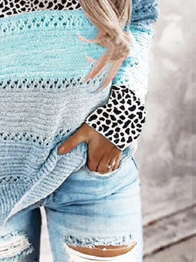 Full Size Openwork Leopard Drawstring Hooded Sweater - Jsopretty.com