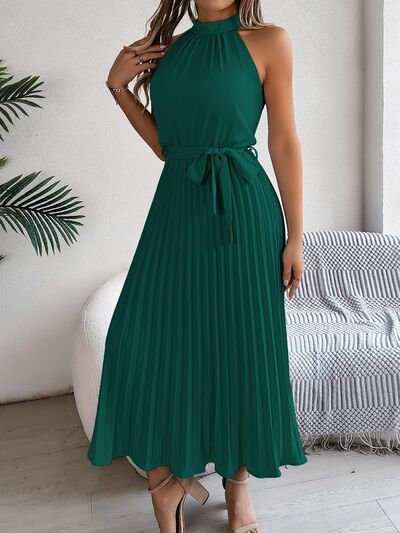 Grecian Neck Tie Waist Pleated Dress - Jsopretty.com