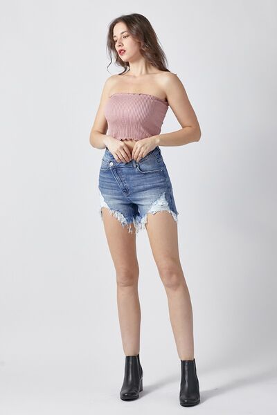 RISEN Raw Hem Asymmetrical Waist Denim Shorts - Jsopretty.com