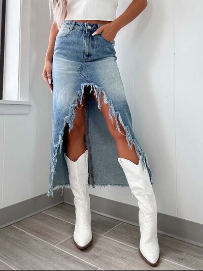 High-Waist Raw Hem Asymmetry Denim Skirt - Jsopretty.com