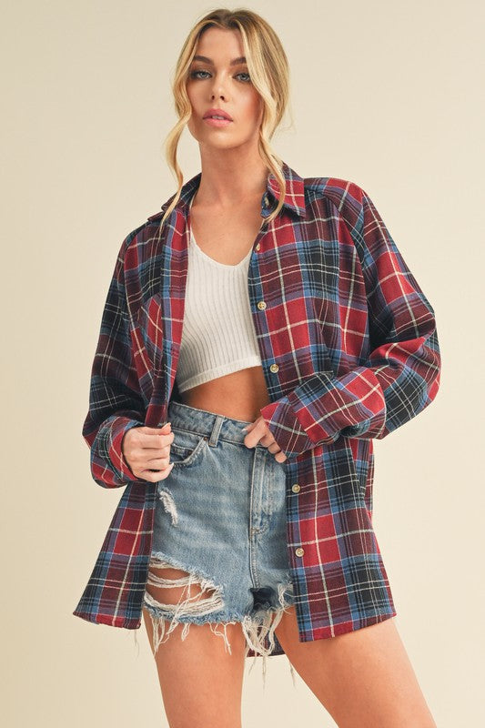 Aemi + Co Flannel Plaid Button Up Raglan Sleeve Shirt - Jsopretty.com