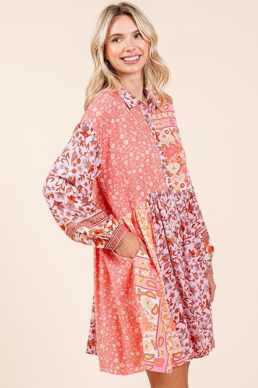 Mittoshop Floral Button Detail Long Sleeve Shirt Dress - Jsopretty.com