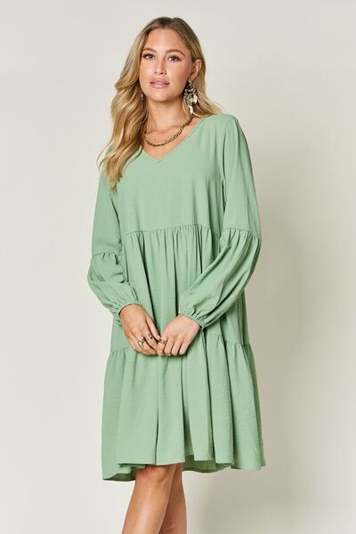 Double Take Full Size V-Neck Balloon Sleeve Tiered Dress with Pockets - Jsopretty.com