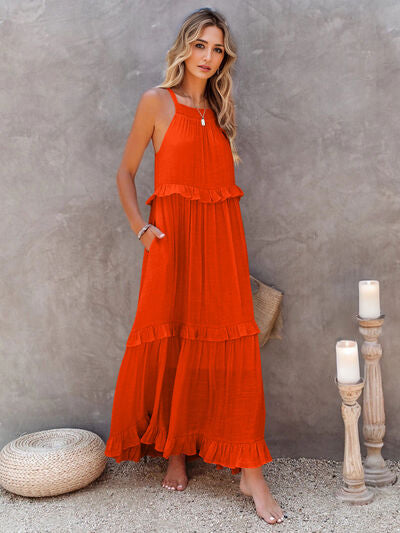 Ruffled Sleeveless Tiered Maxi Dress with Pockets - Jsopretty.com