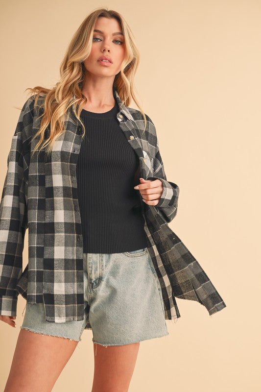 Aemi + Co Frayed Hem Plaid Button Up Flannel Shirt - Jsopretty.com