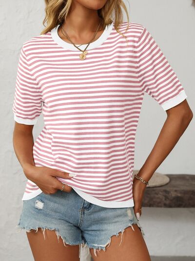 Mandy Striped Round Neck Half Sleeve Knit Top - Jsopretty.com