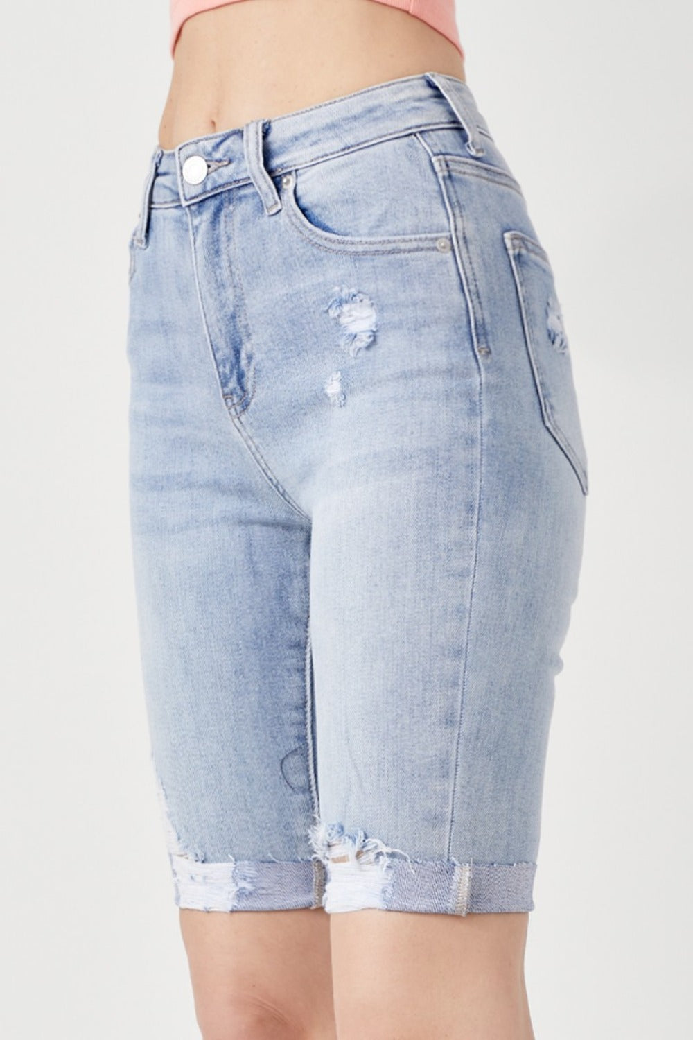 RISEN High Rise Distressed Denim Bermuda Shorts - Jsopretty.com