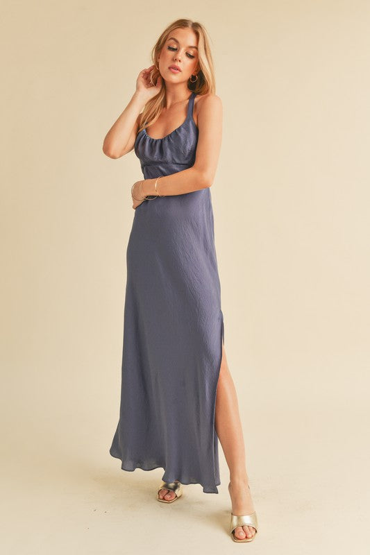 Aemi + Co Ruched Side Slit Cutout Back Maxi Cami Dress - Jsopretty.com