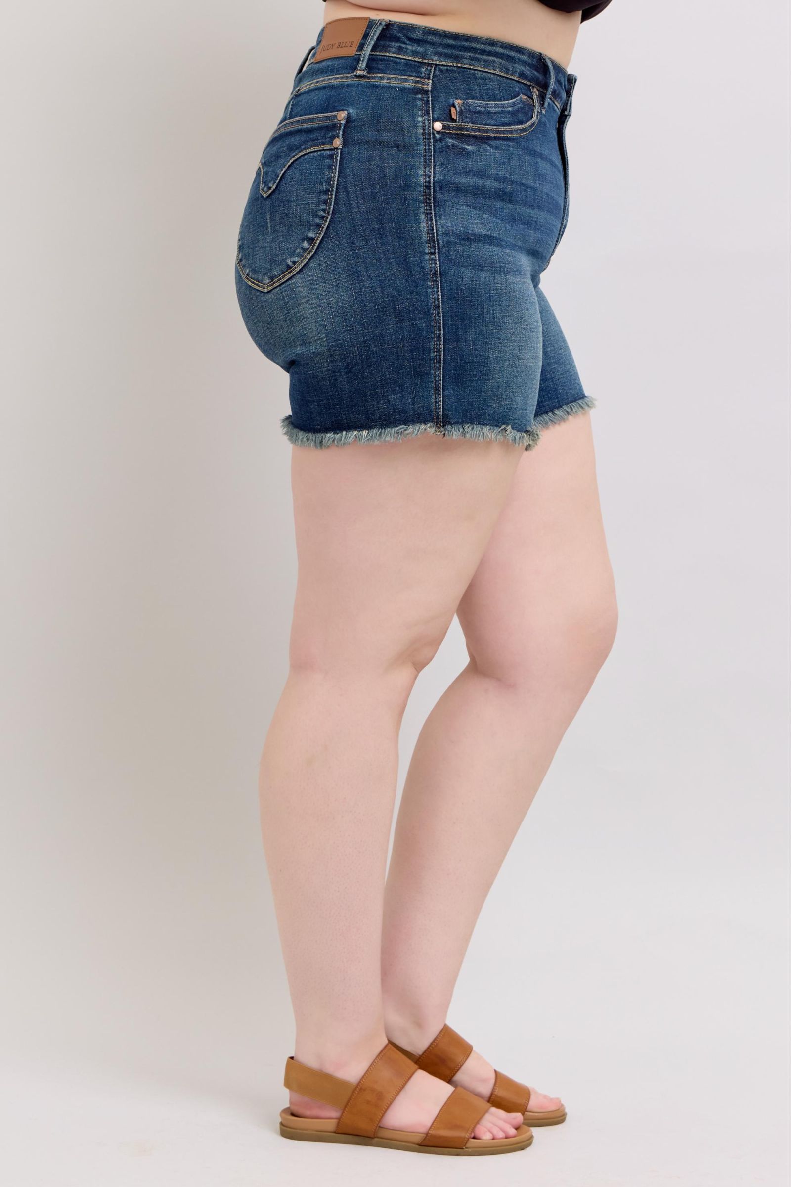 Judy Blue Tummy Control Fray Hem & Shield Back Pockets Denim Shorts - Jsopretty.com