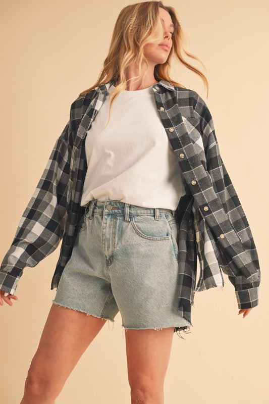 Aemi + Co Frayed Hem Plaid Button Up Flannel Shirt - Jsopretty.com