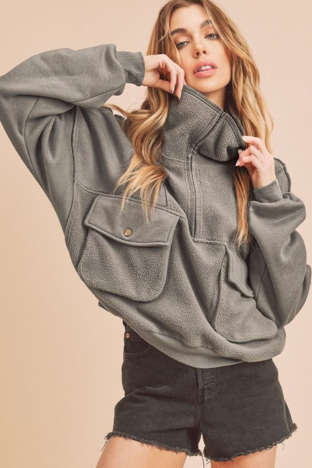 Aemi + Co Exposed Seam Half Zip Sweatshirt with Pockets - Jsopretty.com