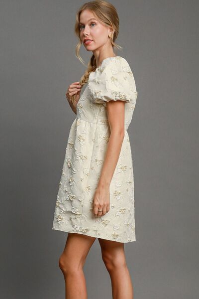 Umgee Heart Jacquard Square Neck Puff Sleeve Mini Dress - Jsopretty.com