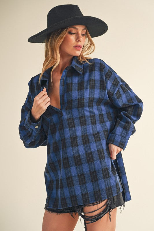 Aemi + Co Side Slit High-Low Plaid Long Sleeve Polo Shirt - Jsopretty.com