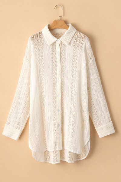 Lace Crochet Collared Neck Oversized Shirt - Jsopretty.com