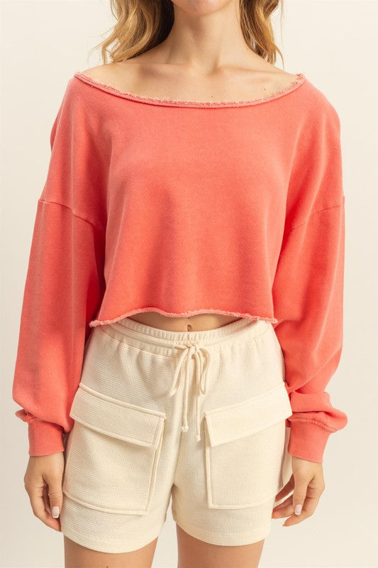 HYFVE Frayed Detail Boat Neck Long Sleeve Crop Top - Jsopretty.com