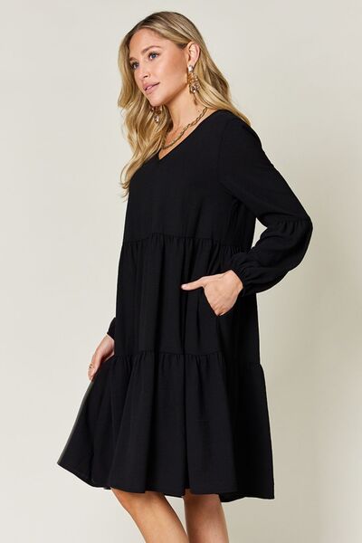 Double Take Full Size V-Neck Balloon Sleeve Tiered Dress with Pockets - Jsopretty.com