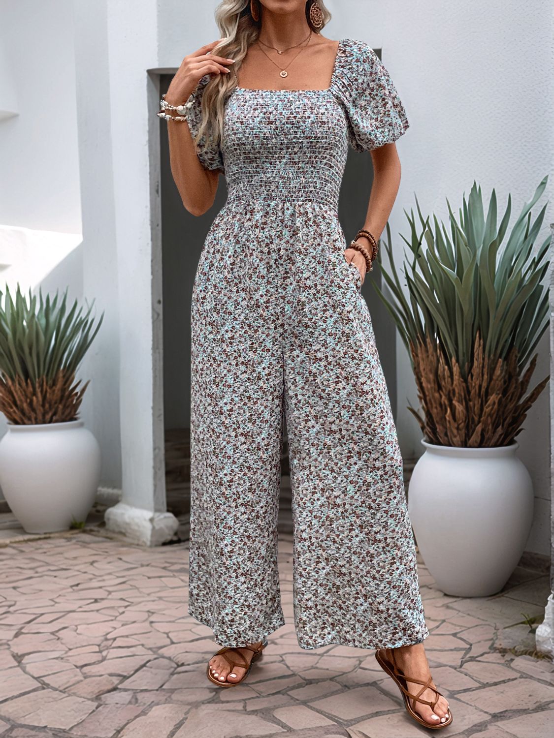 Perfee Ditsy Floral Smocked Square Neck Puff Sleeve Jumpsuit - Jsopretty.com