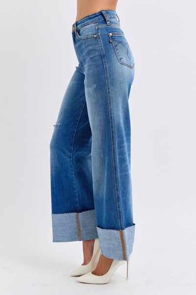 Judy Blue Full Size Distressed High Waist Wide Leg Jeans - Jsopretty.com