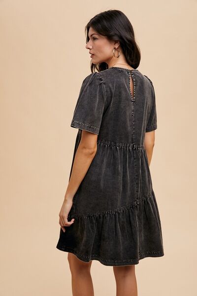 Annie Wear Mineral Washed Round Neck Short Sleeve Denim Dress - Jsopretty.com