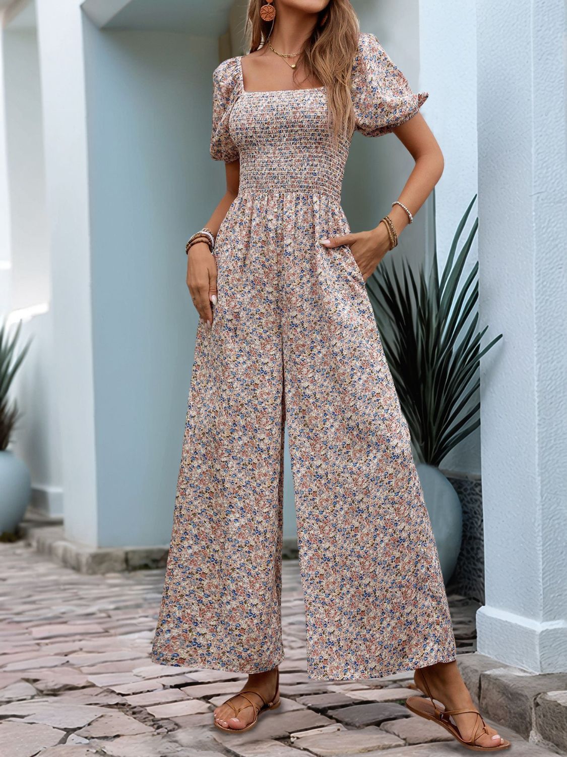 Perfee Ditsy Floral Smocked Square Neck Puff Sleeve Jumpsuit - Jsopretty.com