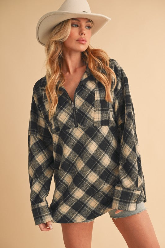 Aemi + Co Slit Plaid Half Zip Drop Shoulder Top - Jsopretty.com