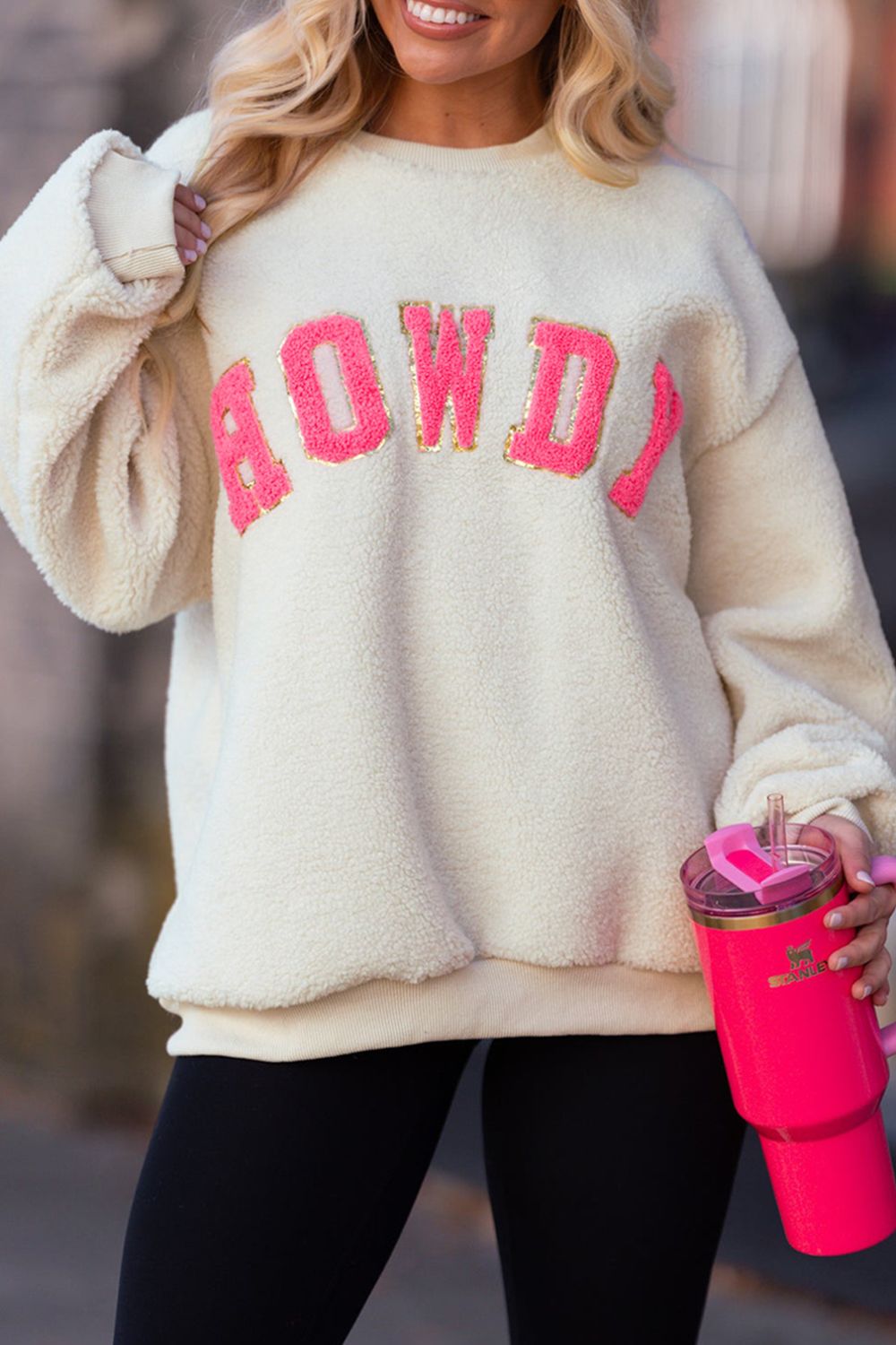 HOWDY Patched Round Neck Sherpa Sweatshirt - Jsopretty.com