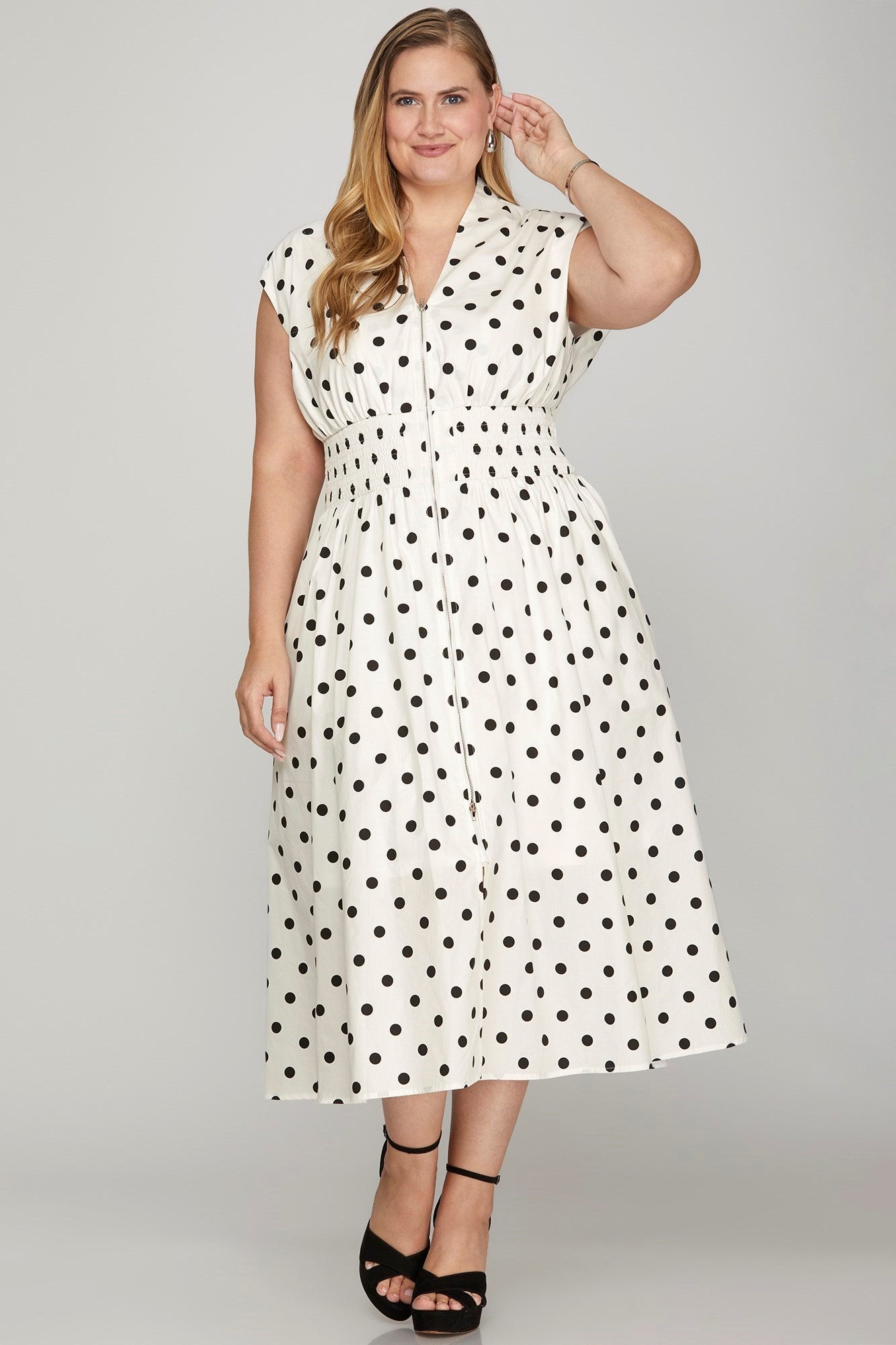 She + Sky Front Zip Polka Dots Cap Sleeve Midi Dress - Jsopretty.com