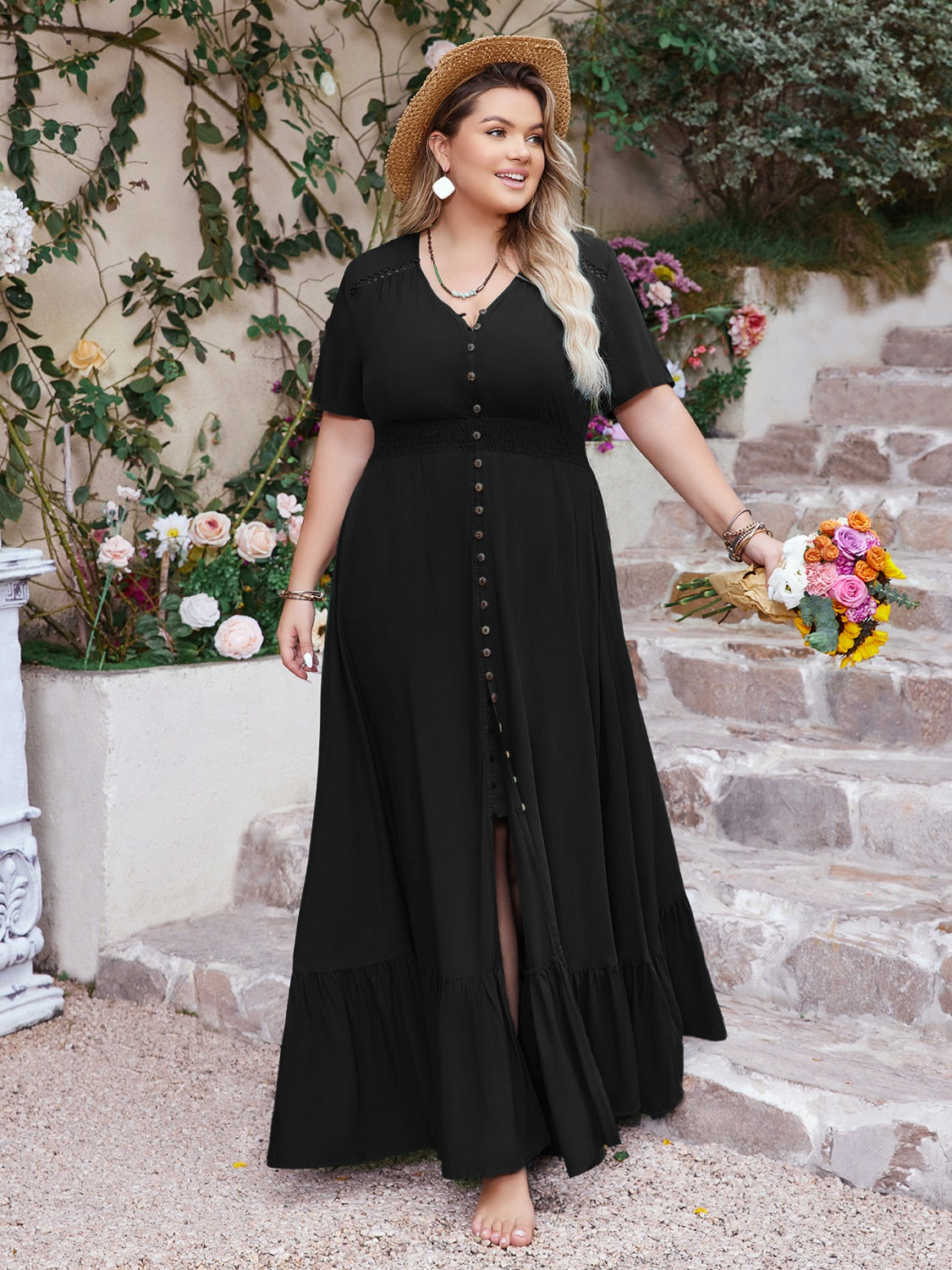 Plus Size Ruffled Hem Button Down V-Neck Short Sleeve Maxi Dress - Jsopretty.com