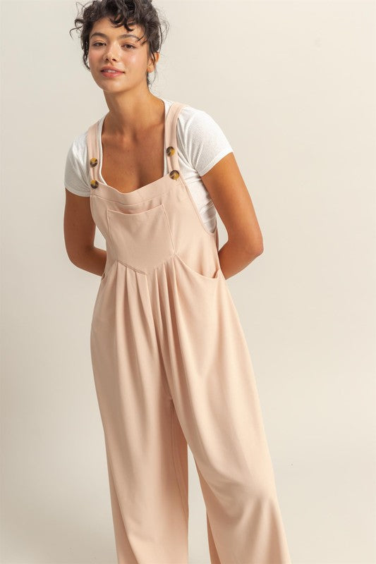 HYFVE Pleated Detail Front Pocket Wide Strap Overalls - Jsopretty.com