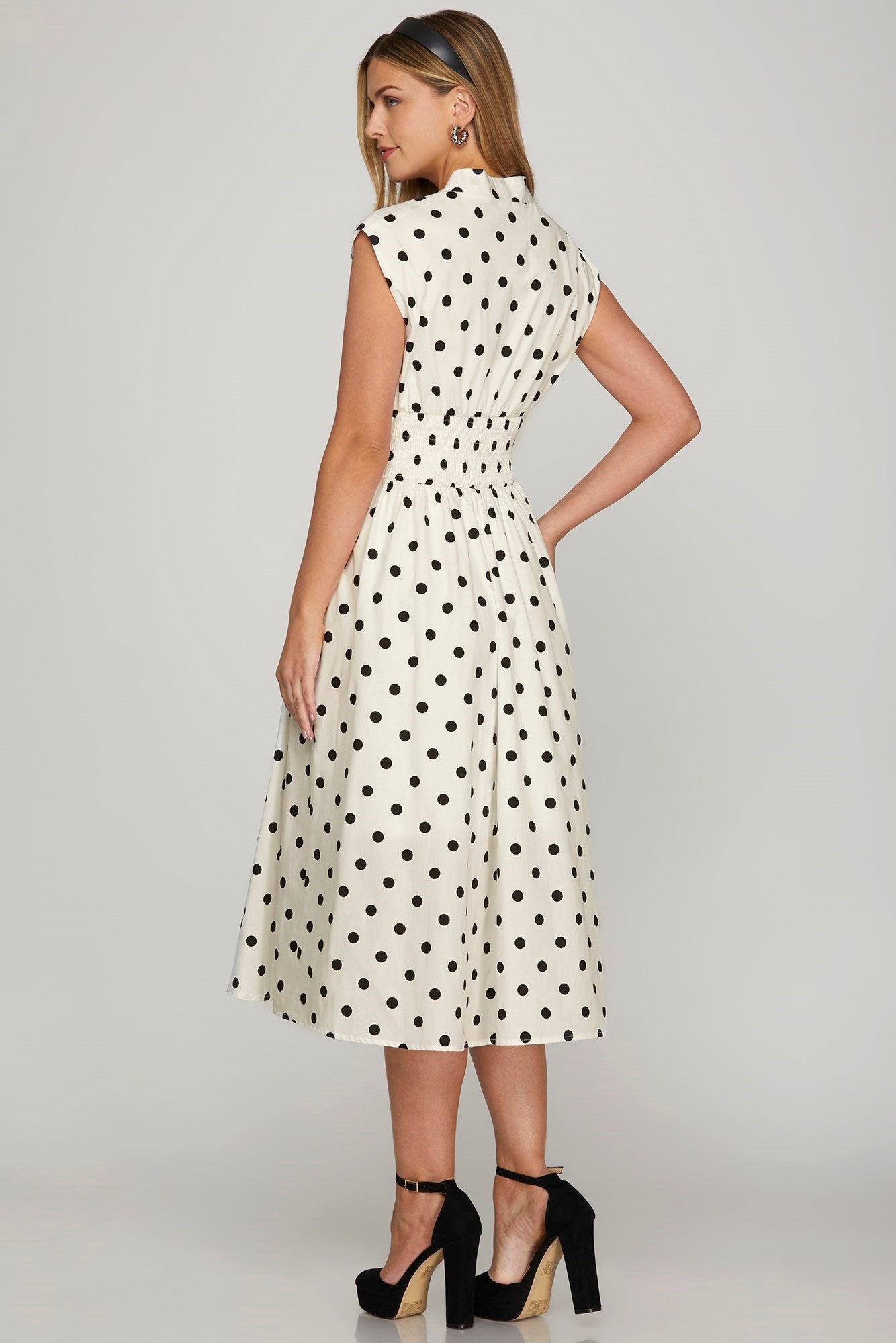 She + Sky Front Zip Polka Dots Cap Sleeve Midi Dress - Jsopretty.com