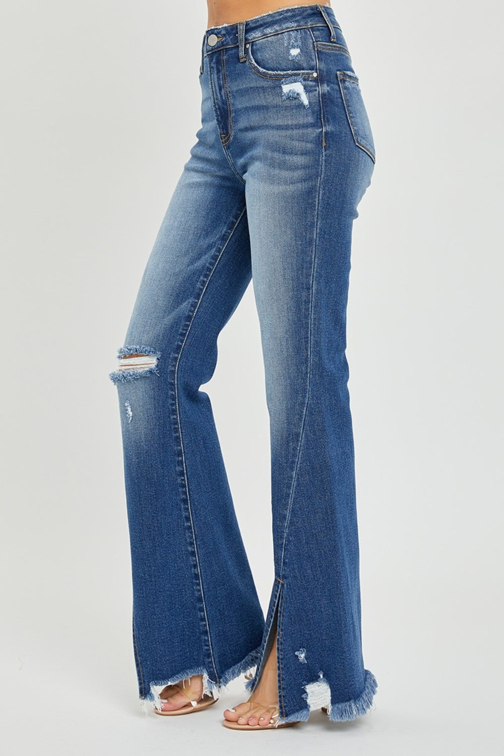 RISEN Full Size High Rise Front Slit Frayed Hem Flare Jeans - Jsopretty.com