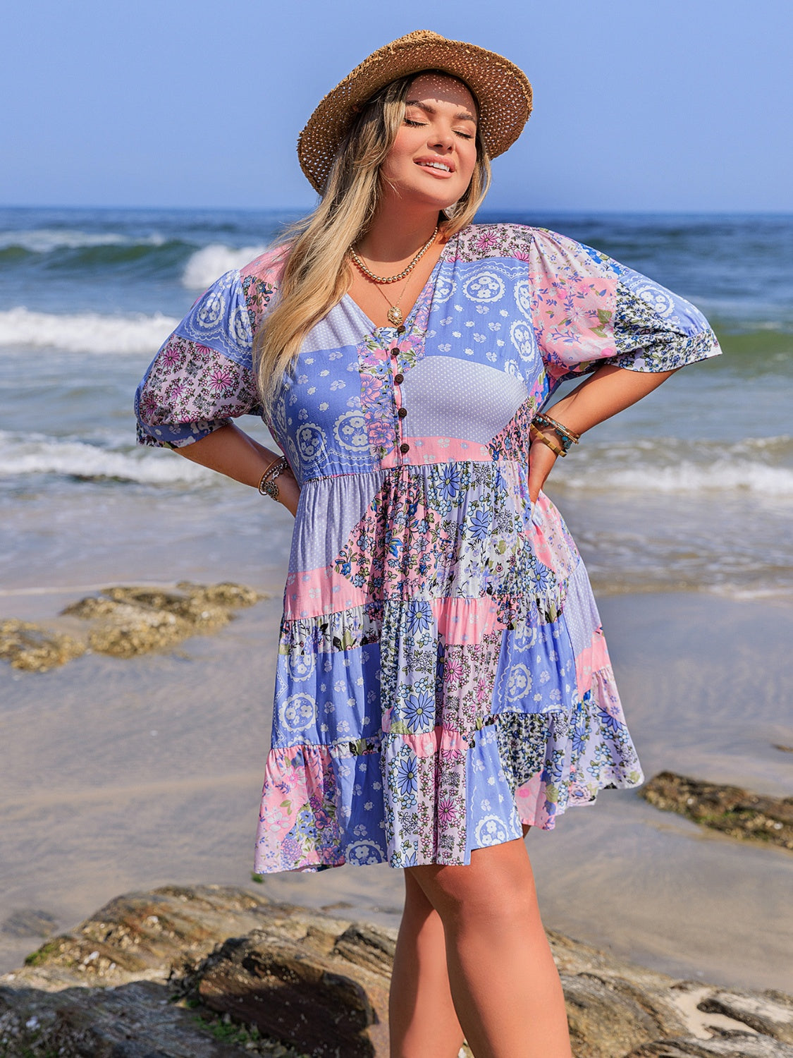 Plus Size Printed V-Neck Tiered Mini Dress - Jsopretty.com