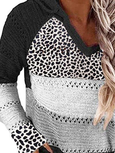 Full Size Openwork Leopard Drawstring Hooded Sweater - Jsopretty.com