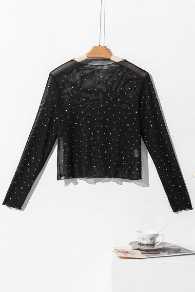 Rhinestone Sheer Mesh Mock Neck Long Sleeve Top - Jsopretty.com