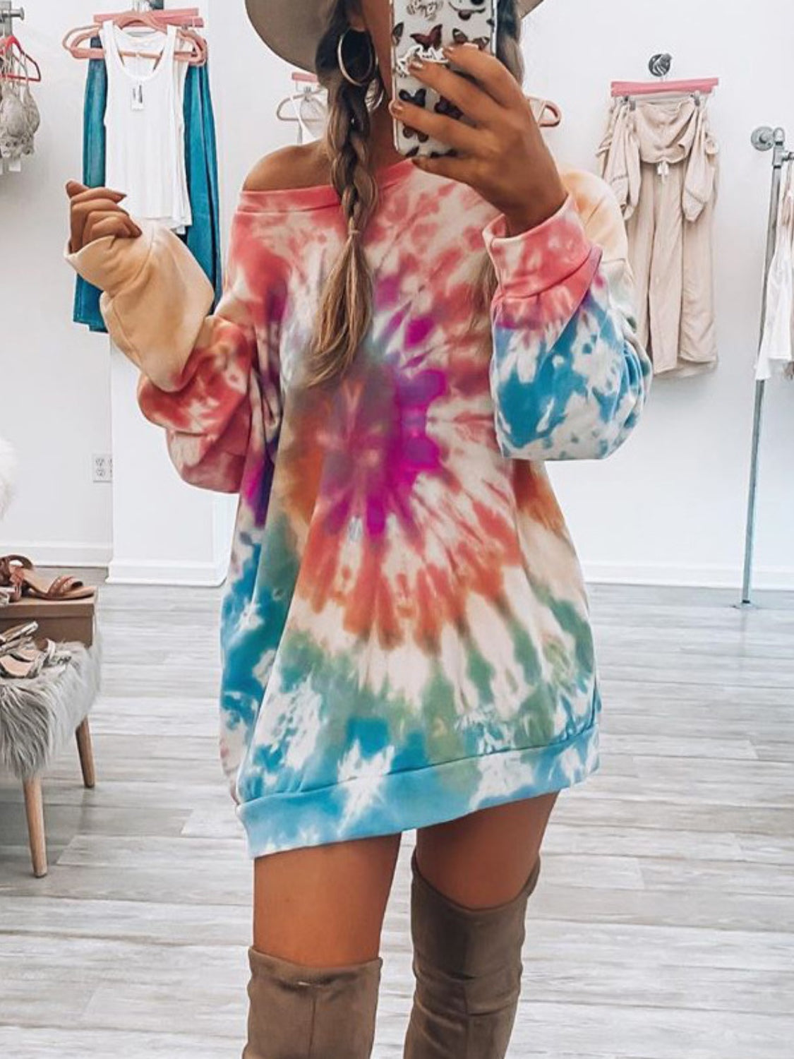 Full Size Tie-Dye Round Neck Long Sleeve Dress - Jsopretty.com