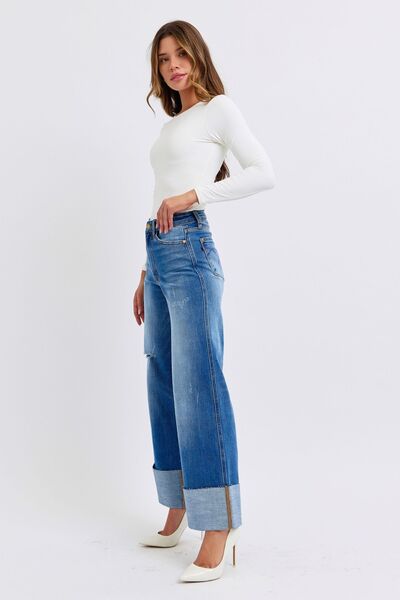 Judy Blue Full Size Distressed High Waist Wide Leg Jeans - Jsopretty.com