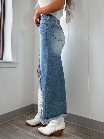 High-Waist Raw Hem Asymmetry Denim Skirt - Jsopretty.com